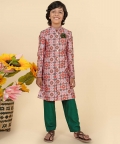 Orange And Green Printed Sherwani Set Teamed With Pyjama