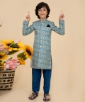 Blue Silk Indowestern/Sherwani Teamed With Pyjama