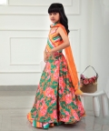 V Neck Top And Floral Orange Lehenga With Matching Dupatta