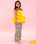 Yellow Pleated Organza Peplum Top With Pants
