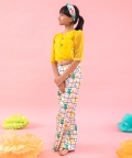 Stylish Scalaped Yellow Organza Top With Multicolour Pants