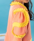 Flower Embroidered Orange Frock With Yellow Pleats On Top