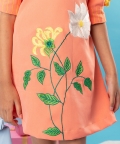 Flower Embroidered Orange Frock With Yellow Pleats On Top
