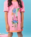 Flower Embroidered Pink Frock With Pleats On Top And Hem