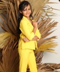Lace Work Top With Collar Yellow Jacket And Lycra Crepe Pant