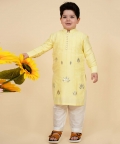 Light Yellow Cotton Silk Embroidered Kurta With Pyjama