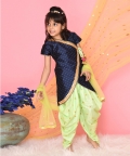 Girl Blue Asymmytrical Kurta With Green Dhoti And Duptta