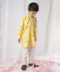 Yellow White Floral Kurta Nehru Jacket Set