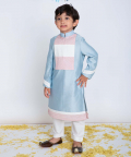 Sky Blue Kurta With Pintucks Front Panel Detailing With Zip Closure Teamed With Off White Pyjama