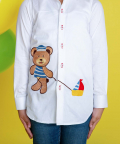 White Shirt With Big Teddy Embroidery Holding A Boat