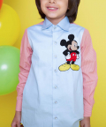 Sky Blue Shirt With Big Mickey Mouse Motiff On Chest And Red Stripe Sleeves