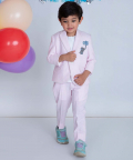 Light Pink And White Stripe Seer Sucker Suit With Elephant Motiff On Chest
