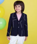 Navy Blue Blazer With White Stripe Abstract Detailing With Off White Pants