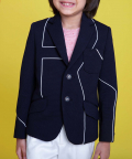 Navy Blue Blazer With White Stripe Abstract Detailing With Off White Pants