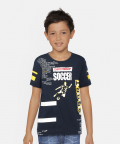 Boys Navy Blue Soccer Printed Round Neck Cotton T-Shirt