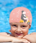 Silicone Kids Swimming Cap, Rider Hippo Print, Peach