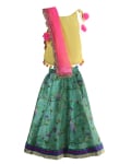 Yellow Crisscross Blouse With Pompoms And Green Printed Lehenga With Dupatta