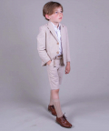 Boys 4 Piece Set White Shirt Shorts And Jacket Complete With Belt & Bow Tie