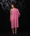Mithai Pink Lehariya Off Shoulder Pleated Georgette Dress
