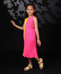 Yellow And Mithai Pink Pleated Georgette Dress 