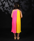 Yellow And Mithai Pink Pleated Georgette Dress 