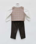 Dusty Brown Check Waist Coat With White Shirt And Pant 
