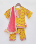 Yellow Printed Kurti Salwar With Pink Dupatta