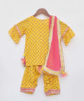 Yellow Printed Kurti Salwar With Pink Dupatta