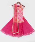 Pink Leheriya Kotta Kurti With Coral Ghagra Skirt
