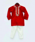 Red Cotton Silk Kurta With Golden Embroidery And Off White Pant