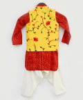 Red Bandhej Kurta With Yellow Embroidery Jacket And Salwar