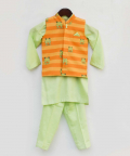 Green Kurta Pant With Orange Stripe Print Jacket