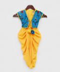 Yellow Georgette Dhoti Jumpsuit With Blue Embroidery Jack