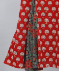 Red Printed Godet Kurta With Offwhite Pyjama