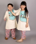 Kids Playing Holi Multi Embroidery A-Line Kurta Pyjama Set