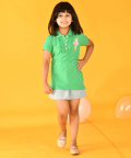 Girls Polo T-Shirt In Green Withcute Frills And Puffed Sleeves And Hand- Embellished Ballerina Motif