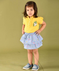 Yellow Girl Polo T-Shirt With Cute Frills And Puffed Sleeves And Hand-Embellished Baby Shark