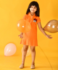 Orange Polo Dress With Pleats At Hem And Hand-Embellished Minnie Mouse Motif
