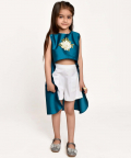 Jelly Jones Asymmetric Flower Emblished Top And White Shorts-Turquoise