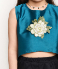 Jelly Jones Asymmetric Flower Emblished Top With Black Leggings Dress-Turquoise