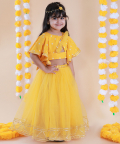 Yellow Bandhej Print Top With Mirror And Gota Embroidered Ghaghra