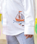 White Embroidered Shirt With Blue Stripe Shorts