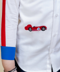 White Shirt With Red And Blue Striped On Sleeves