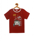 Maroon Half Sleeves Vehicle Print Cotton T-Shirt