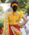 Hand Embroidered Zari Work Red And Yellow Attached Dupatta Lehenga
