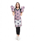 Purple And Grey Colour Printed Canvas Apron With Mittens And Pouch Set In Gift Box