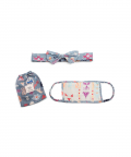 Grey Ikat Stripe And Blue Bandhini Kilim Print Pleated 3 Ply Mask With Pouch And Hairband Set
