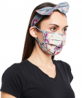 Grey Ikat Stripe And Blue Bandhini Kilim Print Pleated 3 Ply Mask With Pouch And Hairband Set