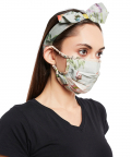 Powder Blue Bageecha And Peach Bageecha Print Pleated 3 Ply Mask With Pouch And Hairband Set