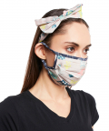 Lavender Lime Bandhani Kilim And Navy Jannat Print Pleated 3 Ply Mask With Pouch And Hairband Set